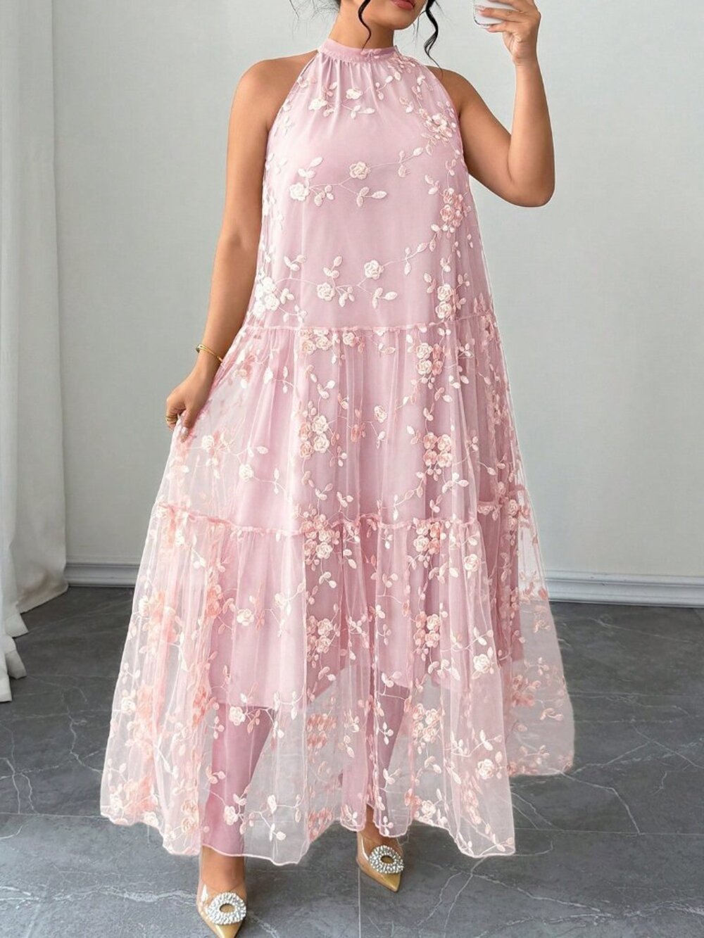 Pink Elegant Women's Plus Size Halter Dress